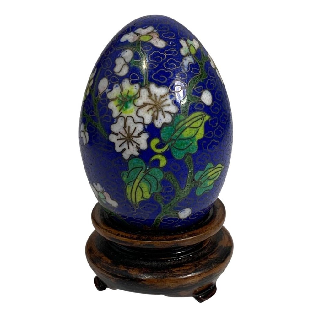 Blue Floral Lotus Cloisonné Decorative Egg Brass Cloud Background + Wooden Stand